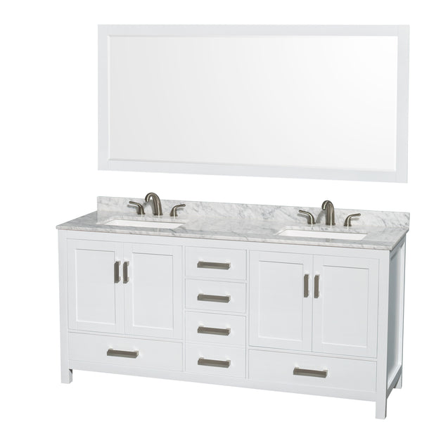 72 Inch Double Bathroom Vanity in White, White Carrara Marble Countertop, Undermount 3-Hole Square Sinks, 70 Inch Mirror - Luxe Bathroom Vanities Luxury Bathroom Fixtures Bathroom Furniture