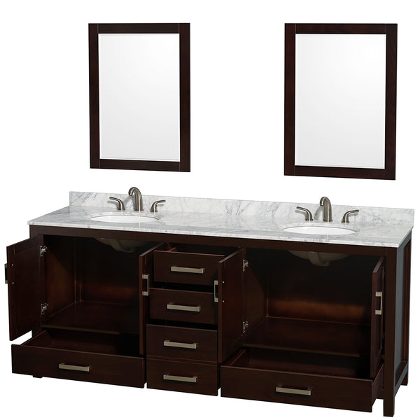 80 inch Double Bathroom Vanity in Espresso, White Carrara Marble Countertop, Undermount Oval Sinks, and 24 inch Mirrors - Luxe Bathroom Vanities Luxury Bathroom Fixtures Bathroom Furniture