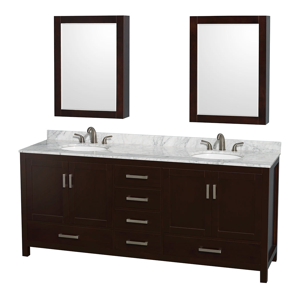 80 inch Double Bathroom Vanity in Espresso, White Carrara Marble Countertop, Undermount Oval Sinks, and Medicine Cabinets - Luxe Bathroom Vanities Luxury Bathroom Fixtures Bathroom Furniture