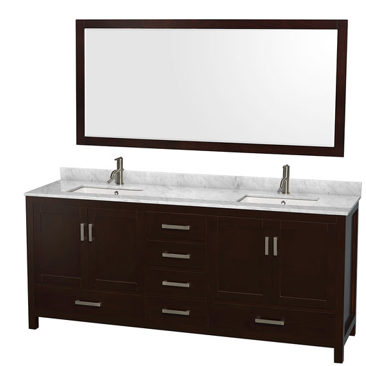 80 inch Double Bathroom Vanity in Espresso, White Carrara Marble Countertop, Undermount Square Sinks, and 70 inch Mirror - Luxe Bathroom Vanities Luxury Bathroom Fixtures Bathroom Furniture