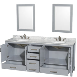 80 inch Double Bathroom Vanity in Gray, White Carrara Marble Countertop, Undermount Oval Sinks, and 24 inch Mirrors - Luxe Bathroom Vanities Luxury Bathroom Fixtures Bathroom Furniture