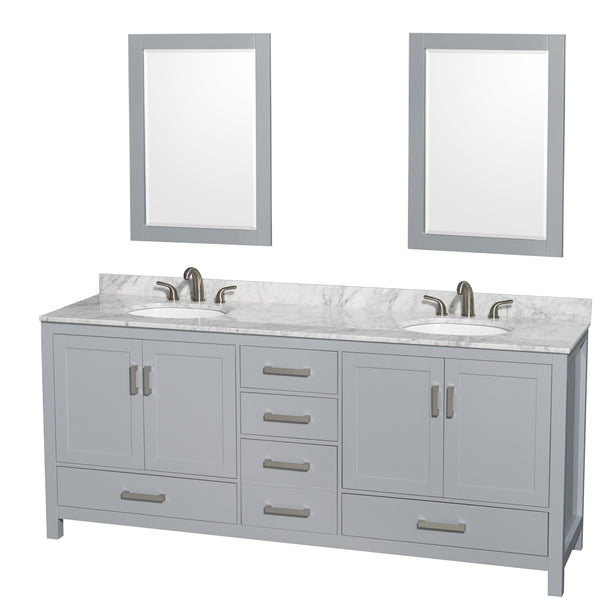 80 inch Double Bathroom Vanity in Gray, White Carrara Marble Countertop, Undermount Oval Sinks, and 24 inch Mirrors - Luxe Bathroom Vanities Luxury Bathroom Fixtures Bathroom Furniture