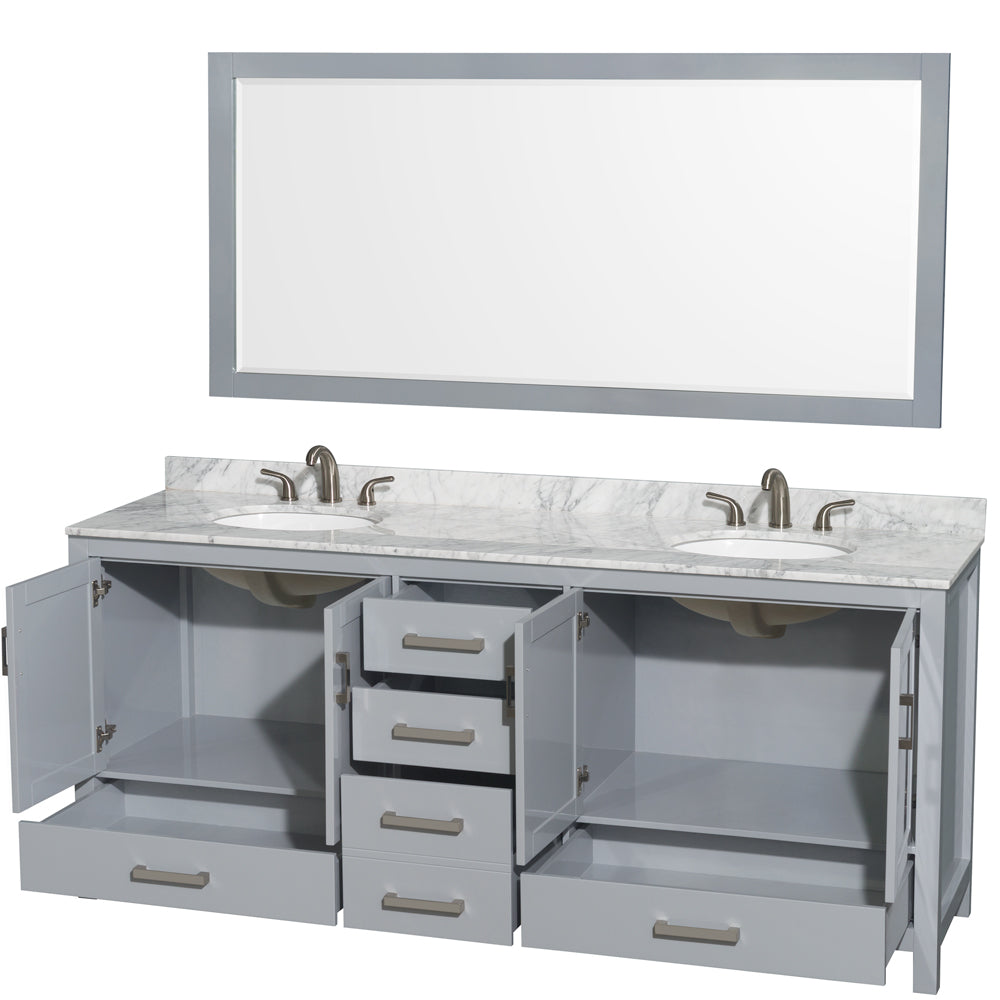 80 inch Double Bathroom Vanity in Gray, White Carrara Marble Countertop, Undermount Oval Sinks, and 70 inch Mirror - Luxe Bathroom Vanities Luxury Bathroom Fixtures Bathroom Furniture