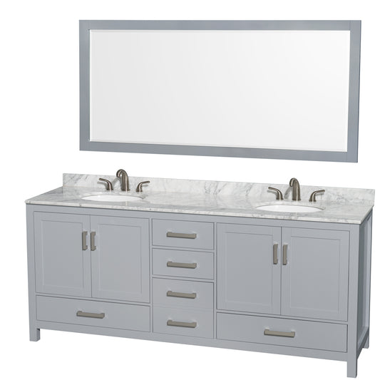 80 inch Double Bathroom Vanity in Gray, White Carrara Marble Countertop, Undermount Oval Sinks, and 70 inch Mirror - Luxe Bathroom Vanities Luxury Bathroom Fixtures Bathroom Furniture