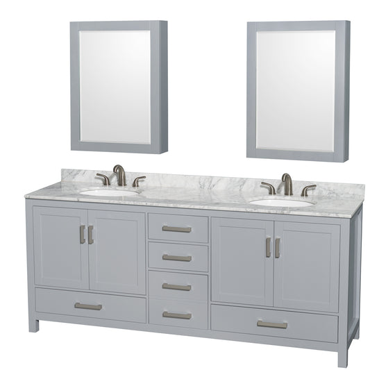 80 inch Double Bathroom Vanity in Gray, White Carrara Marble Countertop, Undermount Oval Sinks, and Medicine Cabinets - Luxe Bathroom Vanities Luxury Bathroom Fixtures Bathroom Furniture