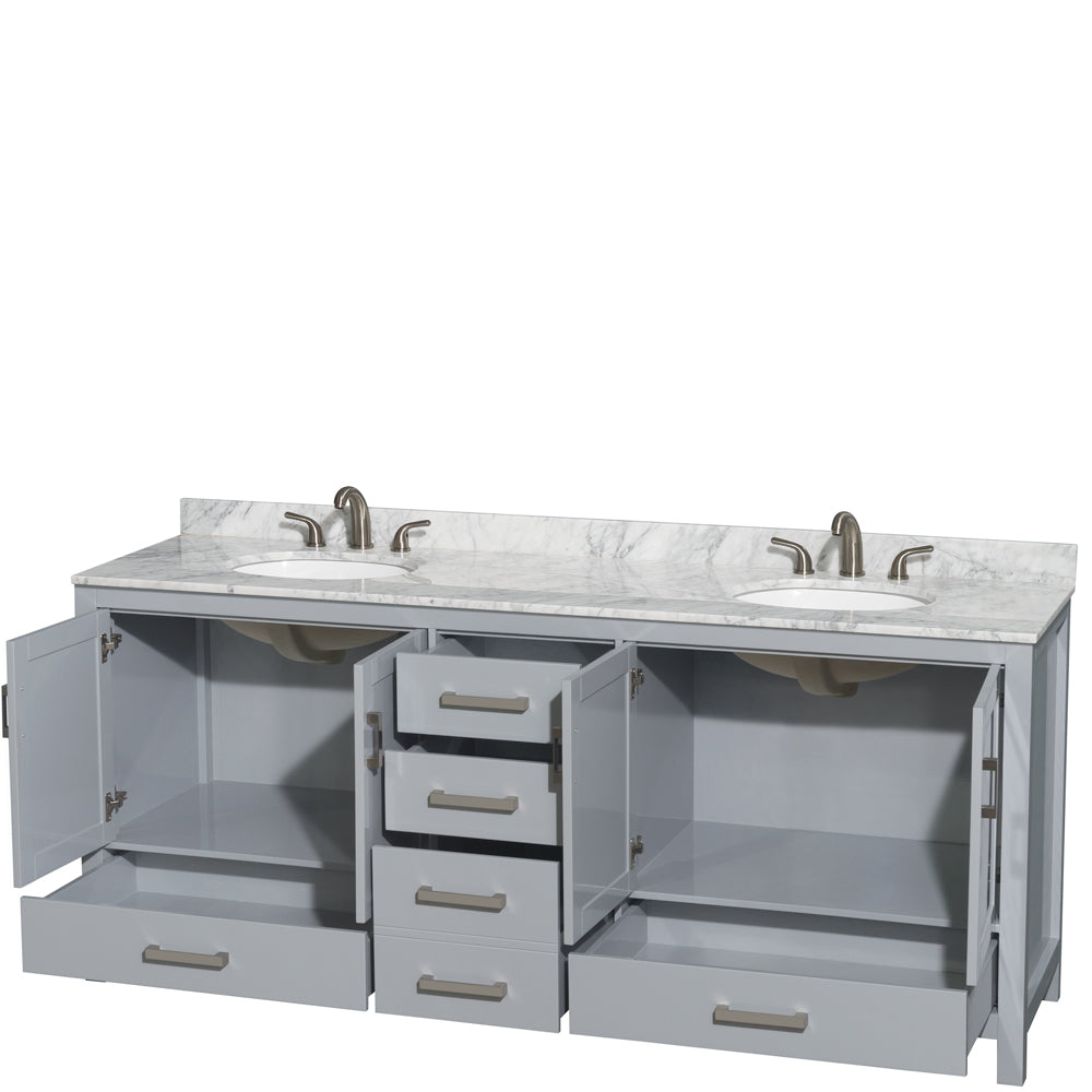 80 inch Double Bathroom Vanity in Gray, White Carrara Marble Countertop, Undermount Oval Sinks, and No Mirror - Luxe Bathroom Vanities Luxury Bathroom Fixtures Bathroom Furniture
