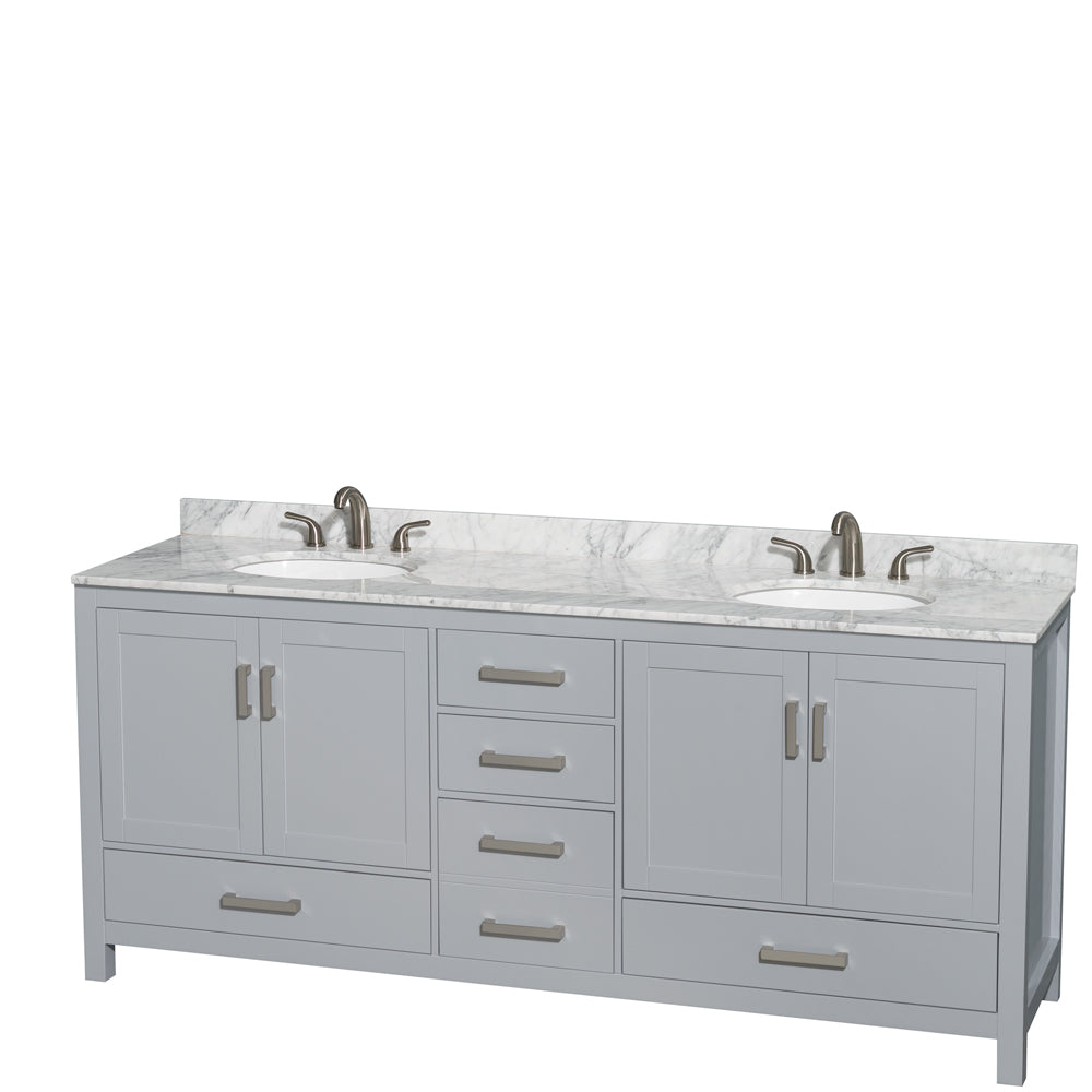 80 inch Double Bathroom Vanity in Gray, White Carrara Marble Countertop, Undermount Oval Sinks, and No Mirror - Luxe Bathroom Vanities Luxury Bathroom Fixtures Bathroom Furniture