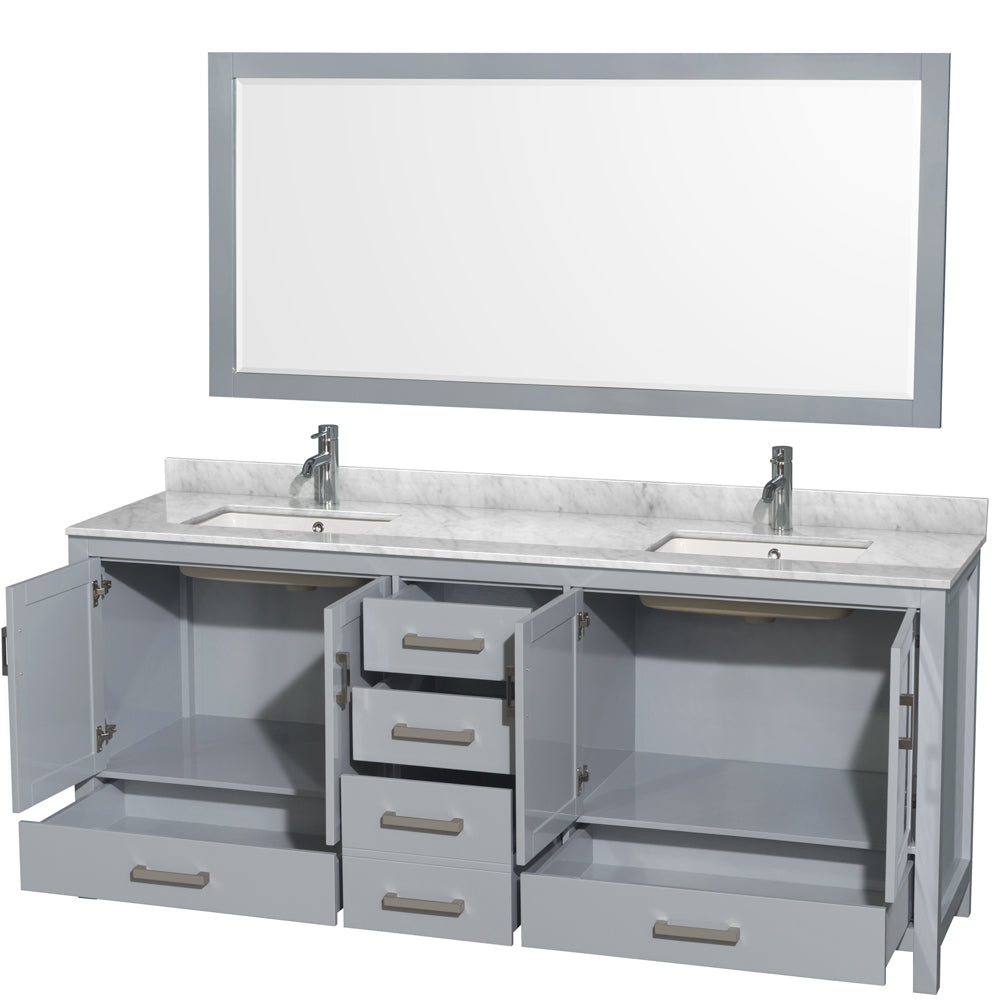 80 inch Double Bathroom Vanity in Gray, White Carrara Marble Countertop, Undermount Square Sinks, and 70 inch Mirror - Luxe Bathroom Vanities Luxury Bathroom Fixtures Bathroom Furniture