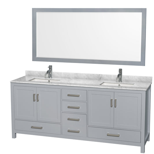 80 inch Double Bathroom Vanity in Gray, White Carrara Marble Countertop, Undermount Square Sinks, and 70 inch Mirror - Luxe Bathroom Vanities Luxury Bathroom Fixtures Bathroom Furniture