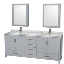 80 inch Double Bathroom Vanity in Gray, White Carrara Marble Countertop, Undermount Square Sinks, and Medicine Cabinets - Luxe Bathroom Vanities Luxury Bathroom Fixtures Bathroom Furniture