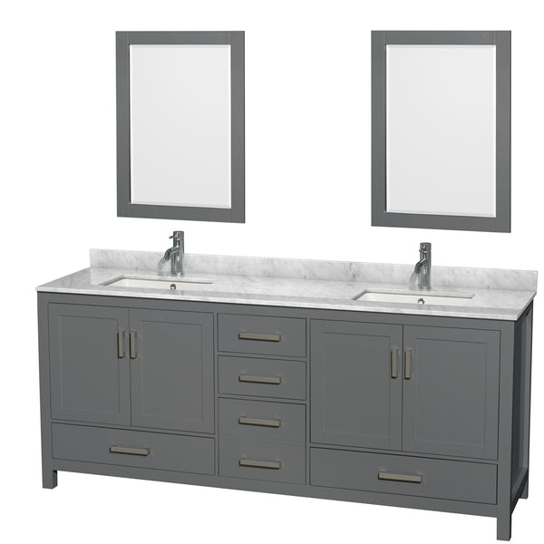 80 inch Double Bathroom Vanity in Dark Gray, White Carrara Marble Countertop, Undermount Square Sinks, and 24 inch Mirrors - Luxe Bathroom Vanities Luxury Bathroom Fixtures Bathroom Furniture