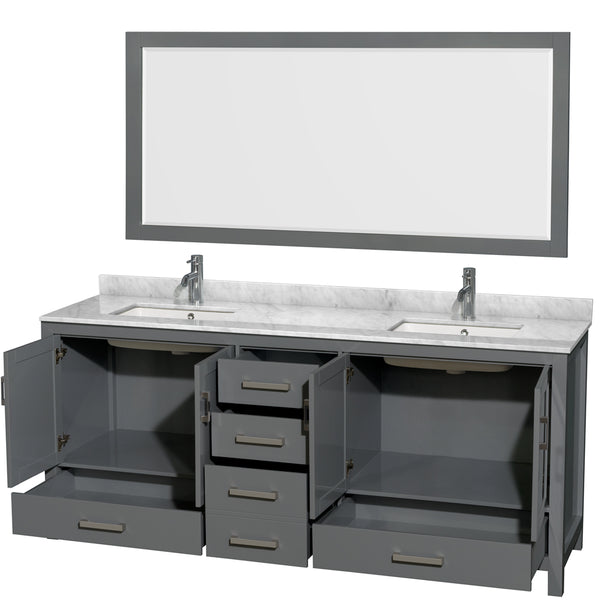 80 inch Double Bathroom Vanity in Dark Gray, White Carrara Marble Countertop, Undermount Square Sinks, and 70 inch Mirror - Luxe Bathroom Vanities Luxury Bathroom Fixtures Bathroom Furniture