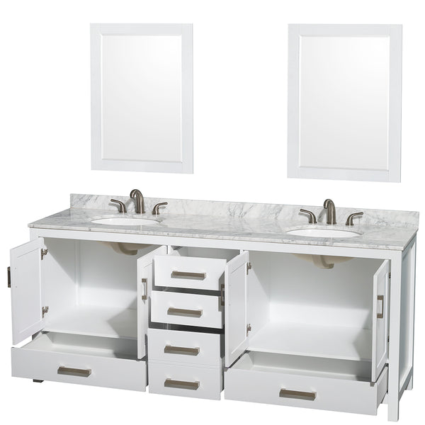 80 inch Double Bathroom Vanity in White, White Carrara Marble Countertop, Undermount Oval Sinks, and 24 inch Mirrors - Luxe Bathroom Vanities Luxury Bathroom Fixtures Bathroom Furniture