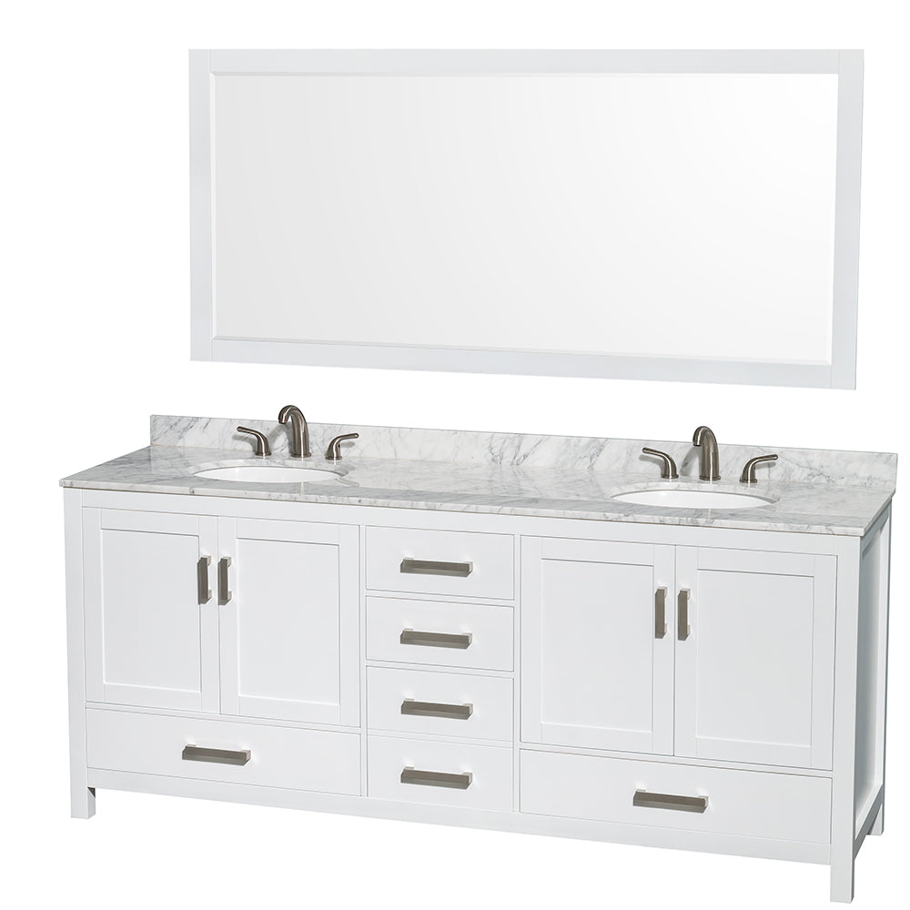 80 inch Double Bathroom Vanity in White, White Carrara Marble Countertop, Undermount Oval Sinks, and 70 inch Mirror - Luxe Bathroom Vanities Luxury Bathroom Fixtures Bathroom Furniture