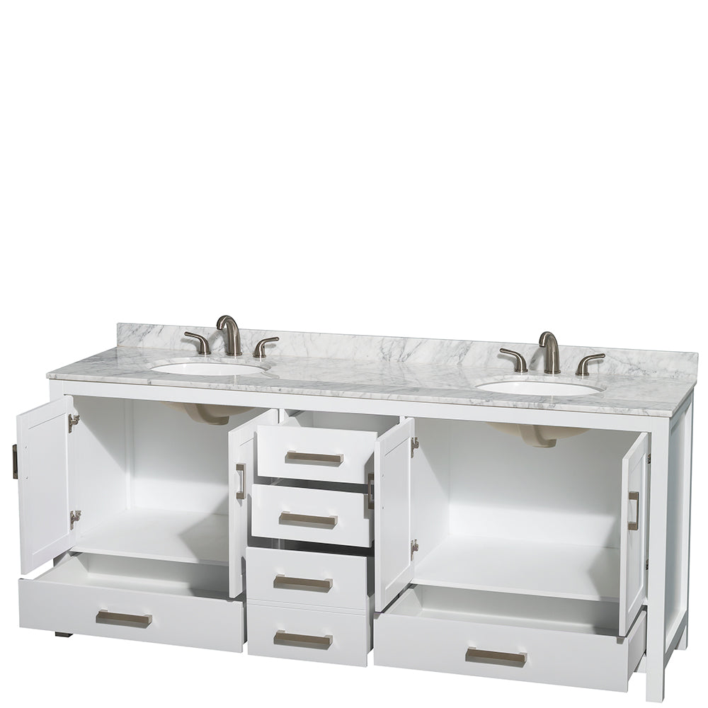 80 inch Double Bathroom Vanity in White, White Carrara Marble Countertop, Undermount Oval Sinks, and No Mirror - Luxe Bathroom Vanities Luxury Bathroom Fixtures Bathroom Furniture