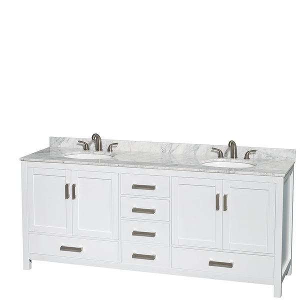 80 inch Double Bathroom Vanity in White, White Carrara Marble Countertop, Undermount Oval Sinks, and Medicine Cabinets - Luxe Bathroom Vanities Luxury Bathroom Fixtures Bathroom Furniture