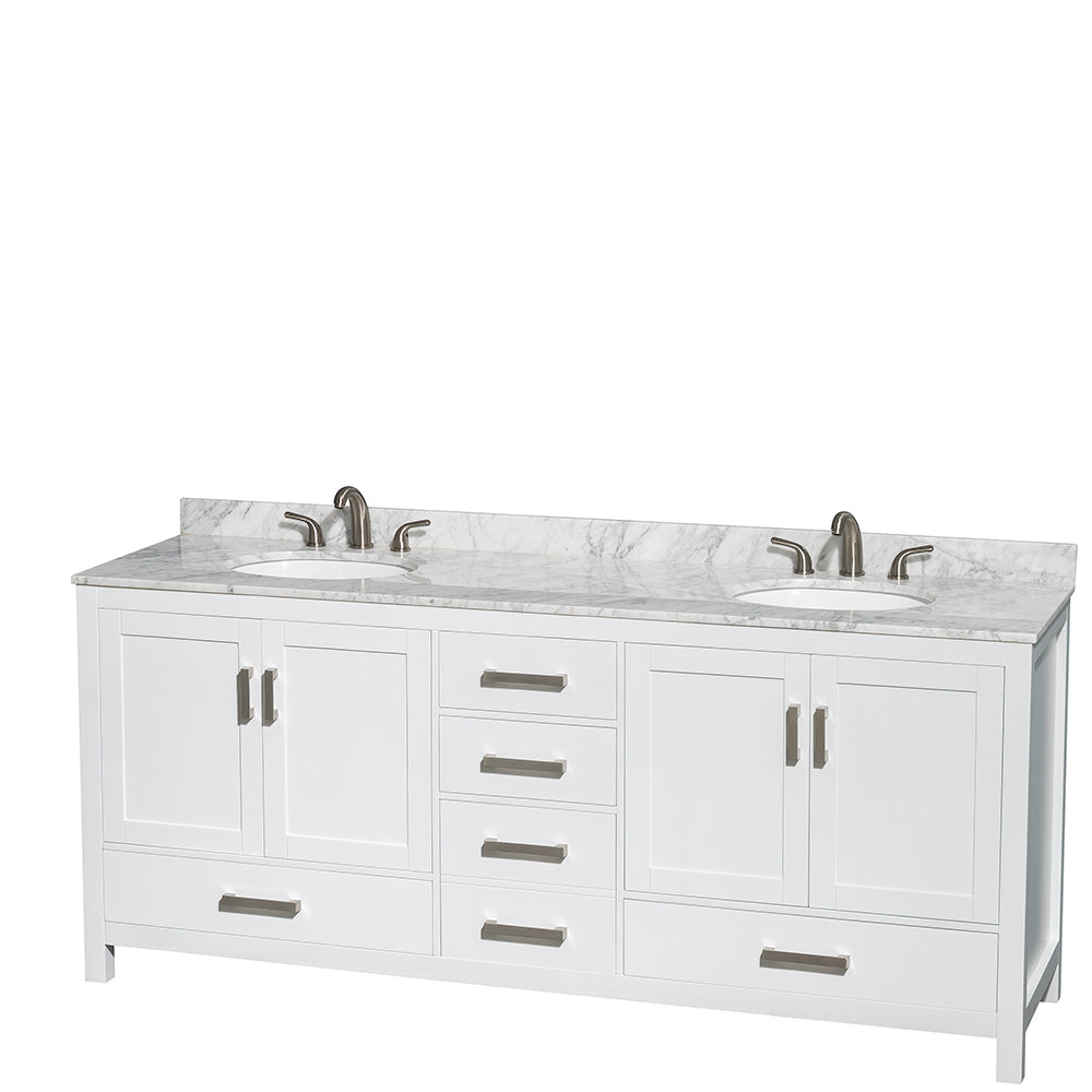 80 inch Double Bathroom Vanity in White, White Carrara Marble Countertop, Undermount Oval Sinks, and No Mirror - Luxe Bathroom Vanities Luxury Bathroom Fixtures Bathroom Furniture