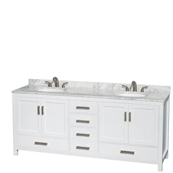 80 inch Double Bathroom Vanity in White, White Carrara Marble Countertop, Undermount Oval Sinks, and No Mirror - Luxe Bathroom Vanities Luxury Bathroom Fixtures Bathroom Furniture