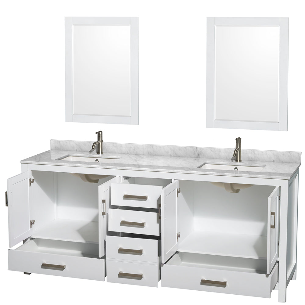 80 inch Double Bathroom Vanity in White, White Carrara Marble Countertop, Undermount Square Sinks, and 24 inch Mirrors - Luxe Bathroom Vanities Luxury Bathroom Fixtures Bathroom Furniture