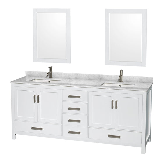 80 inch Double Bathroom Vanity in White, White Carrara Marble Countertop, Undermount Square Sinks, and 24 inch Mirrors - Luxe Bathroom Vanities Luxury Bathroom Fixtures Bathroom Furniture