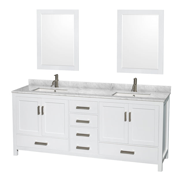 80 inch Double Bathroom Vanity in White, White Carrara Marble Countertop, Undermount Square Sinks, and 24 inch Mirrors - Luxe Bathroom Vanities Luxury Bathroom Fixtures Bathroom Furniture