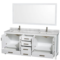 80 inch Double Bathroom Vanity in White, White Carrara Marble Countertop, Undermount Square Sinks, and 70 inch Mirror - Luxe Bathroom Vanities Luxury Bathroom Fixtures Bathroom Furniture