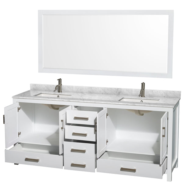 80 inch Double Bathroom Vanity in White, White Carrara Marble Countertop, Undermount Square Sinks, and 70 inch Mirror - Luxe Bathroom Vanities Luxury Bathroom Fixtures Bathroom Furniture