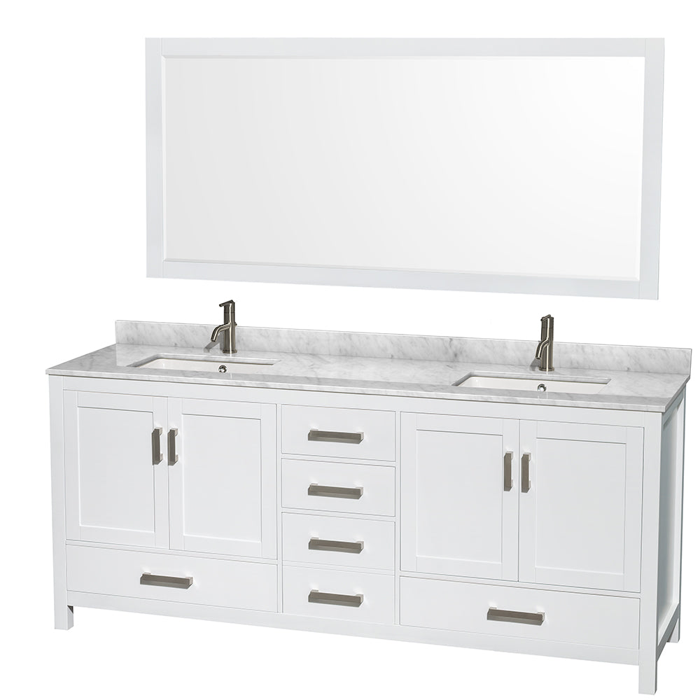 80 inch Double Bathroom Vanity in White, White Carrara Marble Countertop, Undermount Square Sinks, and 70 inch Mirror - Luxe Bathroom Vanities Luxury Bathroom Fixtures Bathroom Furniture