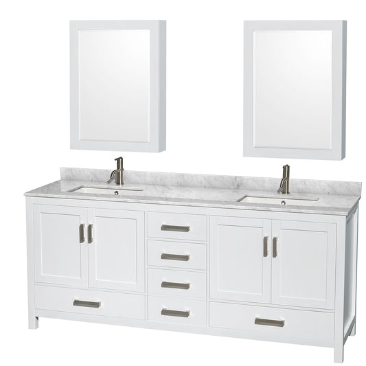 80 inch Double Bathroom Vanity in White, White Carrara Marble Countertop, Undermount Square Sinks, and Medicine Cabinets - Luxe Bathroom Vanities Luxury Bathroom Fixtures Bathroom Furniture