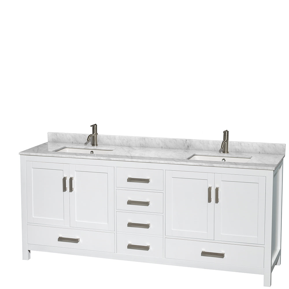 80 inch Double Bathroom Vanity in White, White Carrara Marble Countertop, Undermount Square Sinks, and 70 inch Mirror - Luxe Bathroom Vanities Luxury Bathroom Fixtures Bathroom Furniture