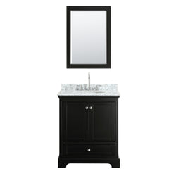 30 Inch Single Bathroom Vanity, White Carrara Marble Countertop, Undermount Oval Sink, and 24 Inch Mirror - Luxe Bathroom Vanities Luxury Bathroom Fixtures Bathroom Furniture