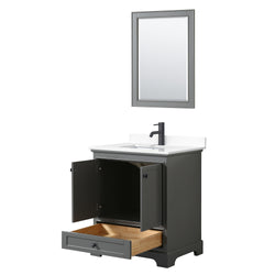 Wyndham Deborah 30 Inch Single Bathroom Vanity White Cultured Marble Countertop, Undermount Square Sink in Matte Black Trim with 24 Inch Mirror - Luxe Bathroom Vanities