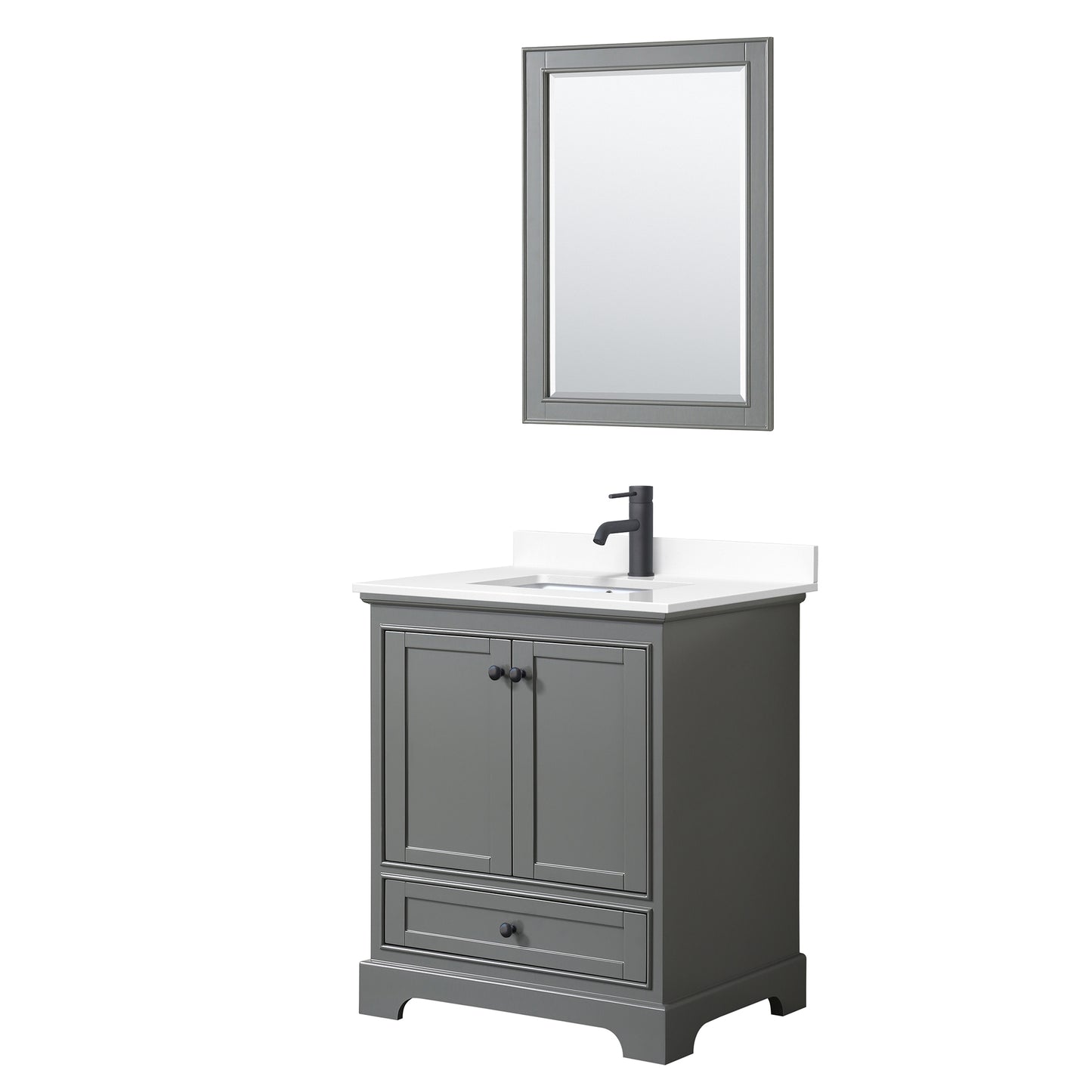 Wyndham Deborah 30 Inch Single Bathroom Vanity White Cultured Marble Countertop, Undermount Square Sink in Matte Black Trim with 24 Inch Mirror - Luxe Bathroom Vanities