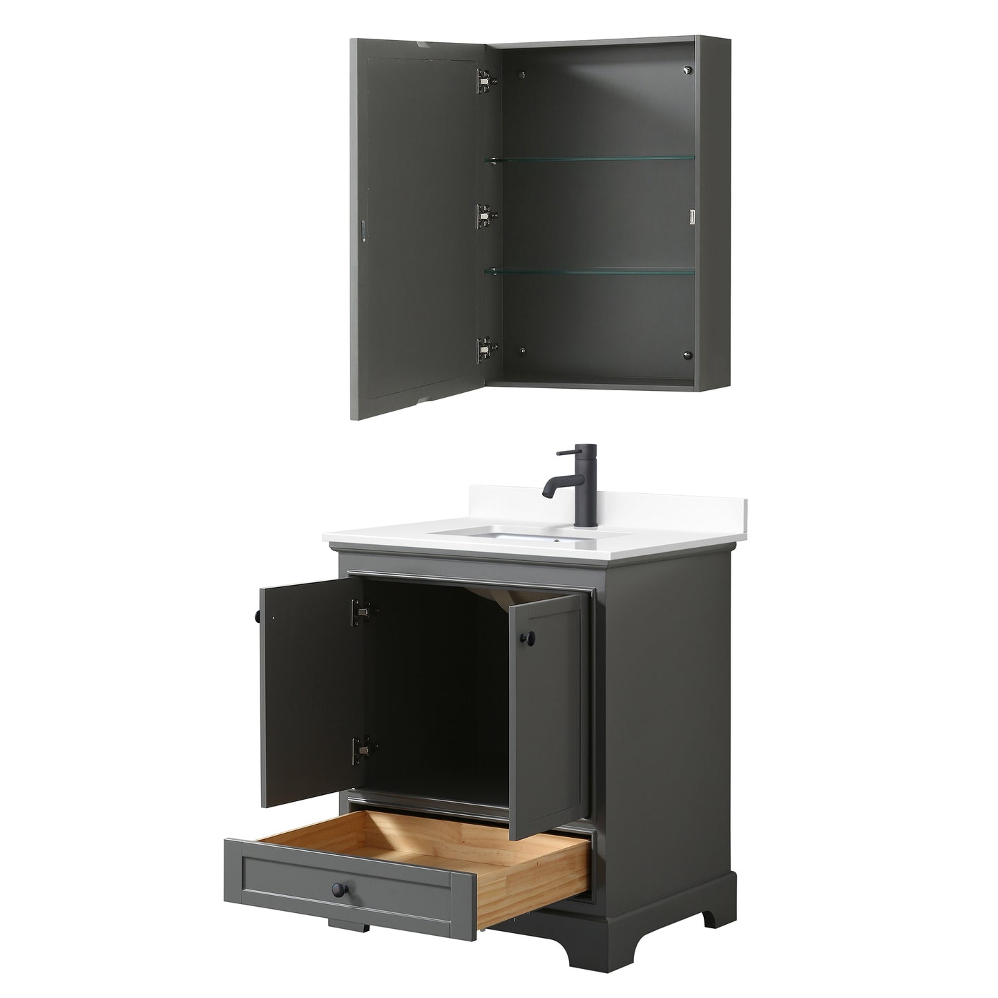 Wyndham Deborah 30 Inch Single Bathroom Vanity White Cultured Marble Countertop, Undermount Square Sink in Matte Black Trim with Medicine Cabinet - Luxe Bathroom Vanities