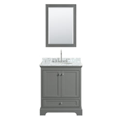 30 Inch Single Bathroom Vanity, White Carrara Marble Countertop, Undermount Oval Sink, and 24 Inch Mirror - Luxe Bathroom Vanities Luxury Bathroom Fixtures Bathroom Furniture