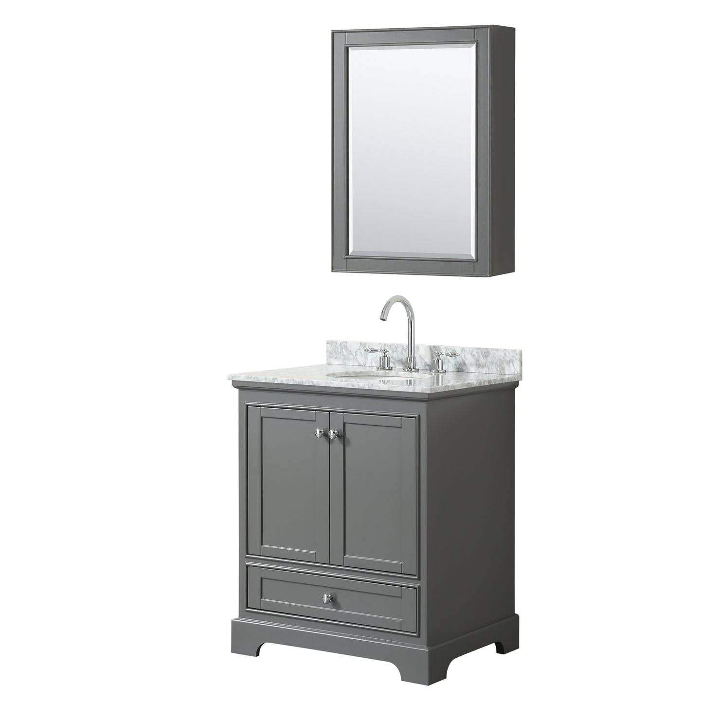 30 Inch Single Bathroom Vanity, White Carrara Marble Countertop, Undermount Oval Sink, and Medicine Cabinet - Luxe Bathroom Vanities Luxury Bathroom Fixtures Bathroom Furniture