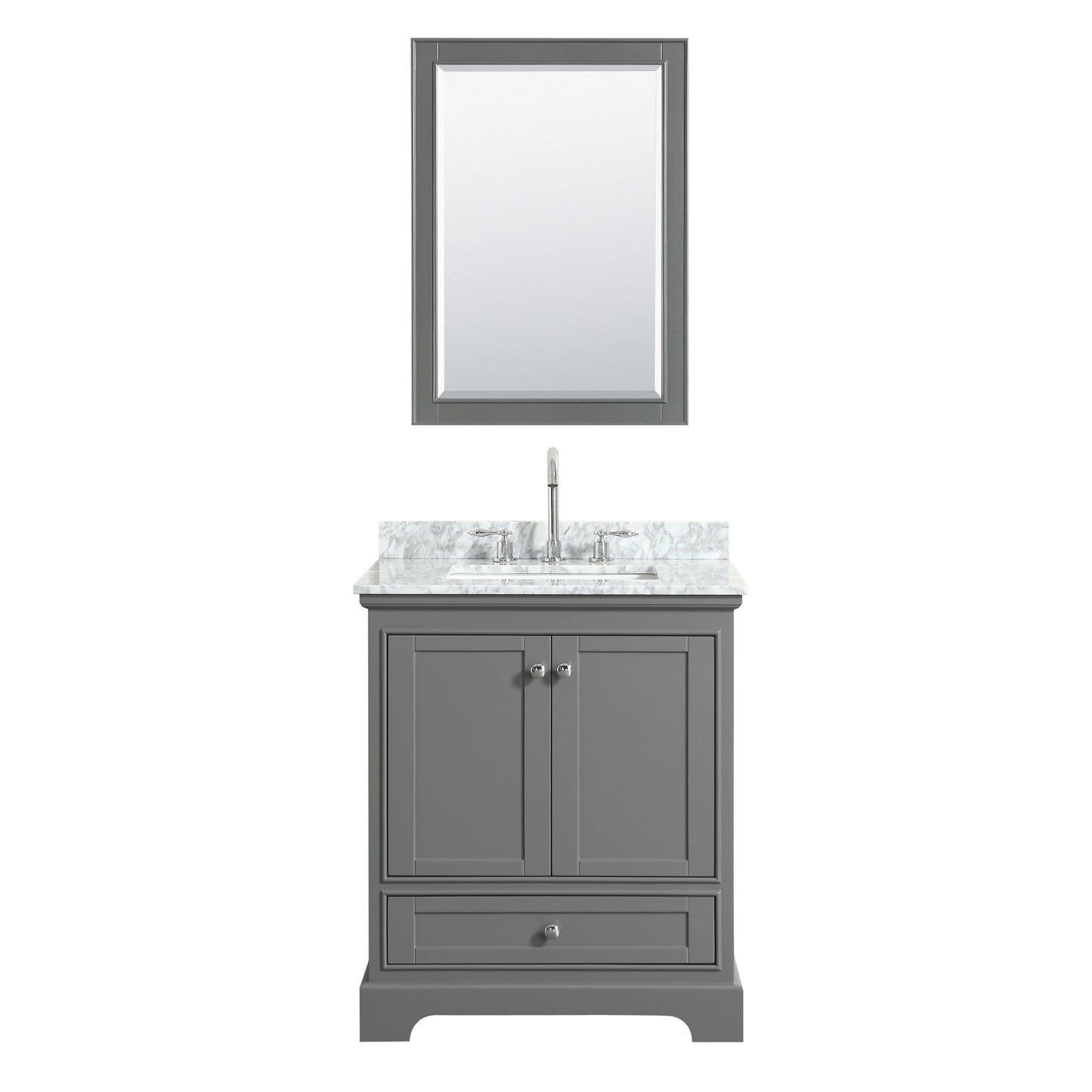 30 Inch Single Bathroom Vanity, White Carrara Marble Countertop, Undermount Square Sink, and 24 Inch Mirror - Luxe Bathroom Vanities Luxury Bathroom Fixtures Bathroom Furniture