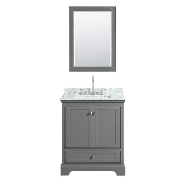 30 Inch Single Bathroom Vanity, White Carrara Marble Countertop, Undermount Square Sink, and 24 Inch Mirror - Luxe Bathroom Vanities Luxury Bathroom Fixtures Bathroom Furniture