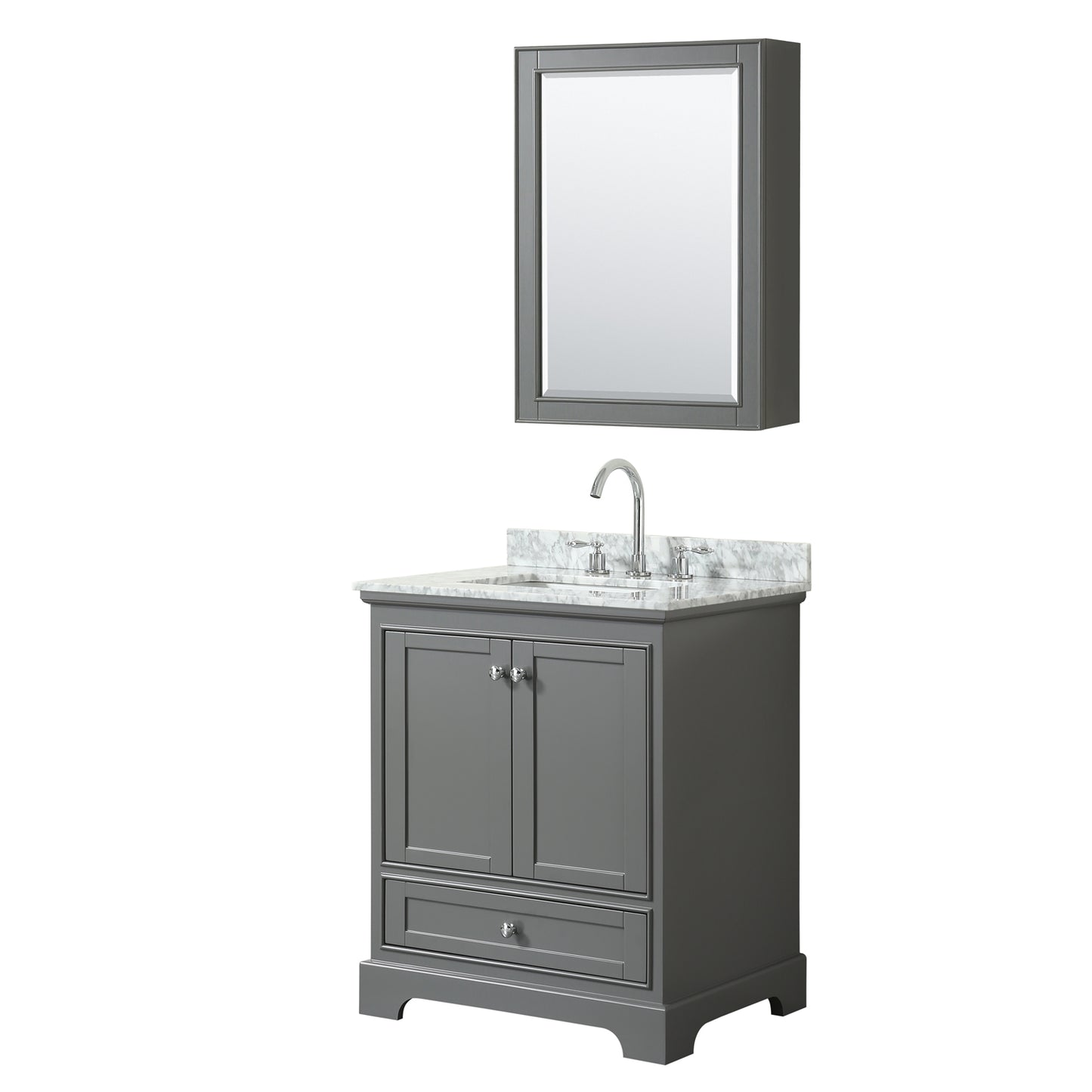 30 Inch Single Bathroom Vanity, White Carrara Marble Countertop, Undermount Square Sink, and Medicine Cabinet - Luxe Bathroom Vanities Luxury Bathroom Fixtures Bathroom Furniture
