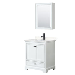 Wyndham Deborah 30 Inch Single Bathroom Vanity Carrara Cultured Marble Countertop, Undermount Square Sink in Matte Black Trim with Medicine Cabinet - Luxe Bathroom Vanities