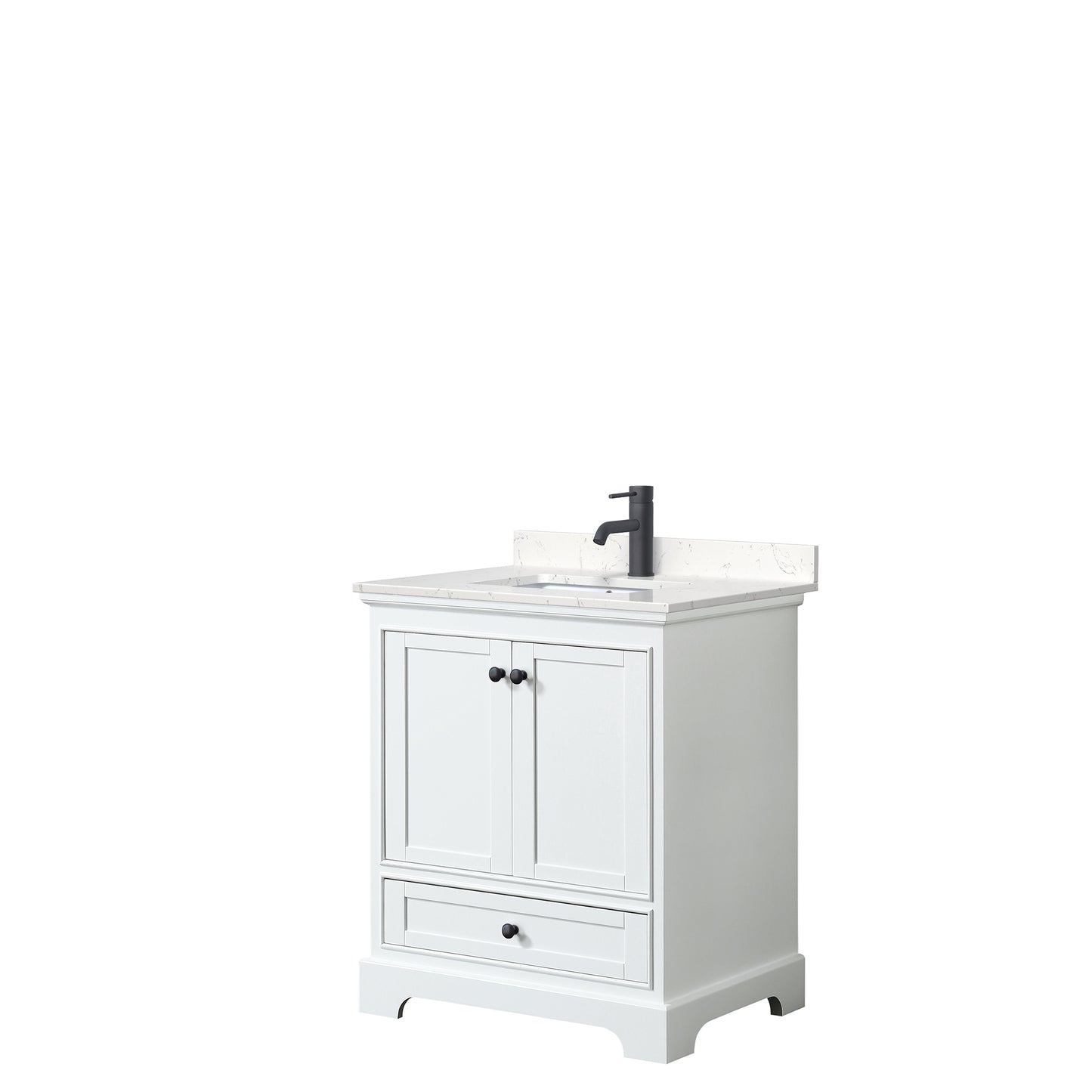 Wyndham Deborah 30 Inch Single Bathroom Vanity Carrara Cultured Marble Countertop, Undermount Square Sink in Matte Black Trim - Luxe Bathroom Vanities