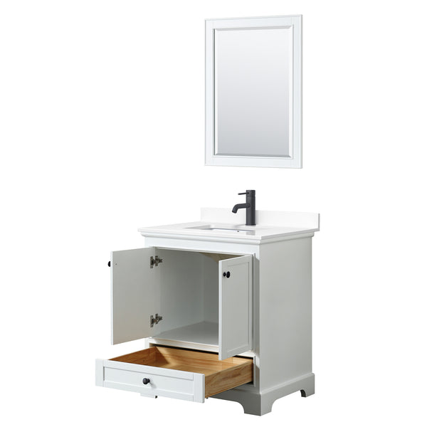 Wyndham Deborah 30 Inch Single Bathroom Vanity White Cultured Marble Countertop, Undermount Square Sink in Matte Black Trim with 24 Inch Mirror - Luxe Bathroom Vanities