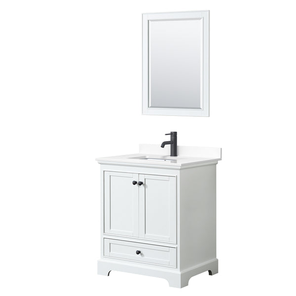 Wyndham Deborah 30 Inch Single Bathroom Vanity White Cultured Marble Countertop, Undermount Square Sink in Matte Black Trim with 24 Inch Mirror - Luxe Bathroom Vanities