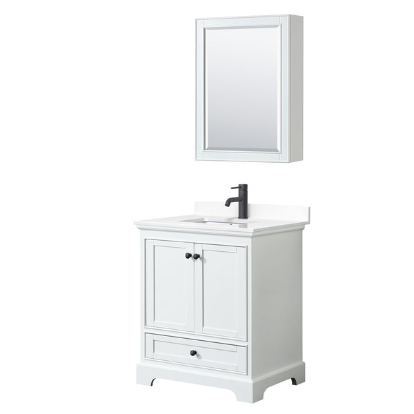 Wyndham Deborah 30 Inch Single Bathroom Vanity White Cultured Marble Countertop, Undermount Square Sink in Matte Black Trim with Medicine Cabinet - Luxe Bathroom Vanities