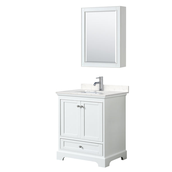 Wyndham Collection Deborah 30 Inch Single Bathroom Vanity in White, Carrara Cultured Marble Countertop, Undermount Square Sink - Luxe Bathroom Vanities