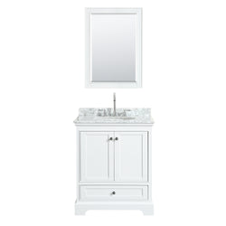 30 Inch Single Bathroom Vanity, White Carrara Marble Countertop, Undermount Oval Sink, and 24 Inch Mirror - Luxe Bathroom Vanities Luxury Bathroom Fixtures Bathroom Furniture