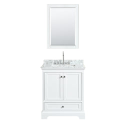 30 Inch Single Bathroom Vanity, White Carrara Marble Countertop, Undermount Square Sink, and 24 Inch Mirror - Luxe Bathroom Vanities Luxury Bathroom Fixtures Bathroom Furniture