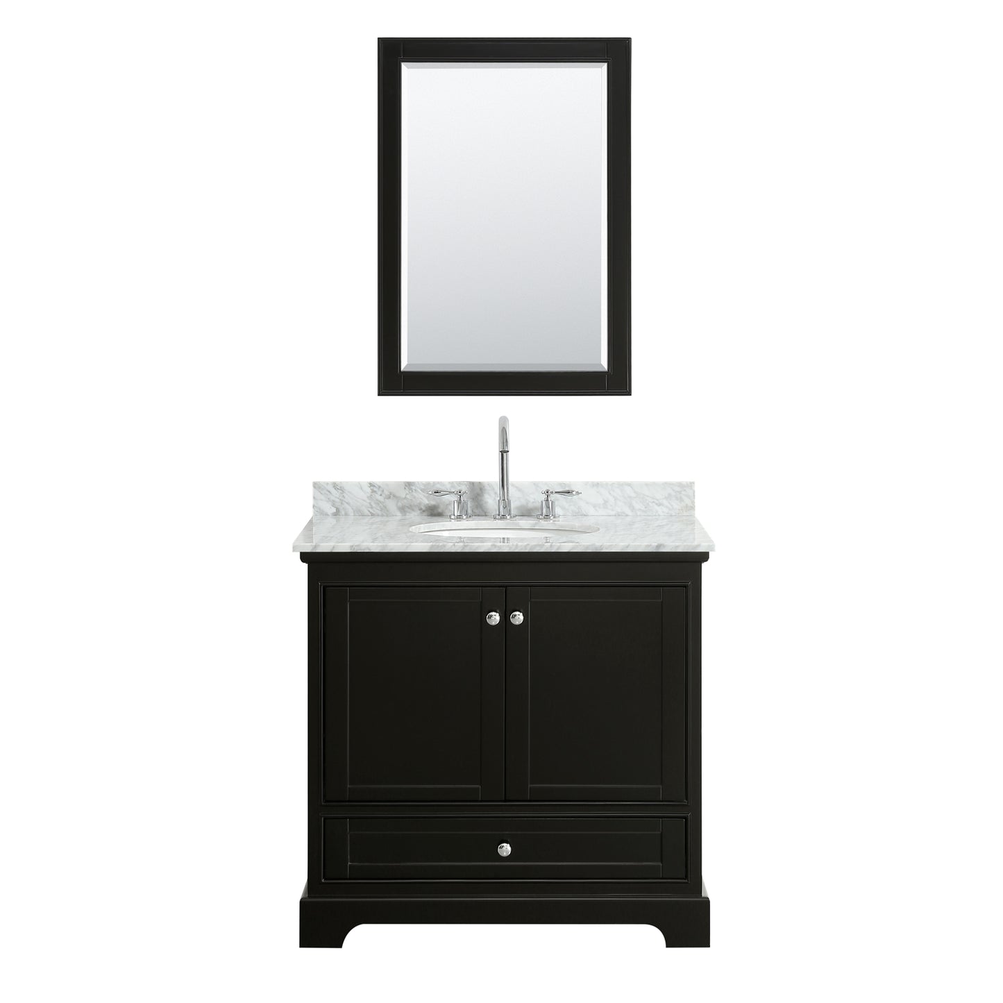 36 Inch Single Bathroom Vanity, White Carrara Marble Countertop, Undermount Oval Sink, and 24 Inch Mirror - Luxe Bathroom Vanities Luxury Bathroom Fixtures Bathroom Furniture