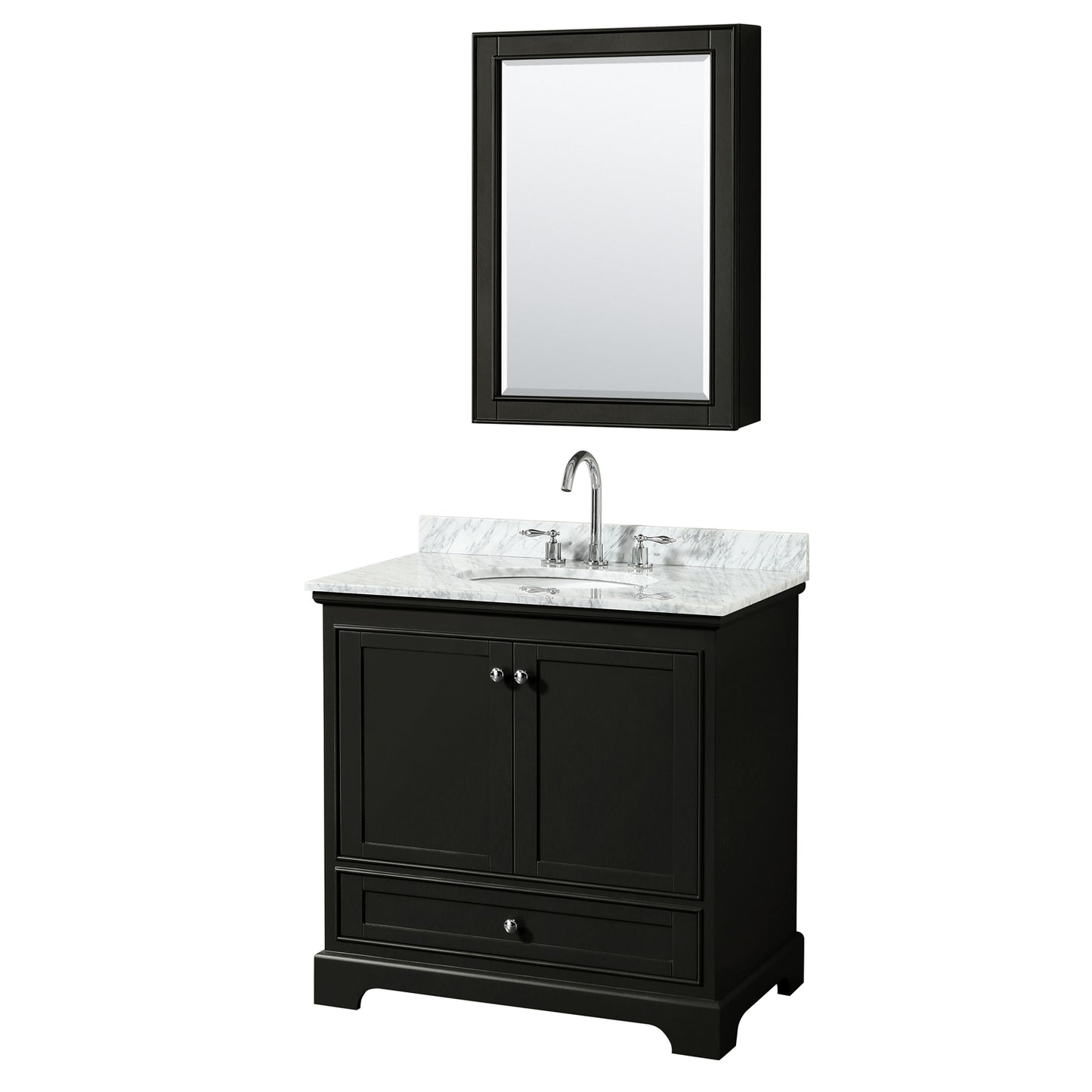 36 Inch Single Bathroom Vanity, White Carrara Marble Countertop, Undermount Oval Sink, and Medicine Cabinet - Luxe Bathroom Vanities Luxury Bathroom Fixtures Bathroom Furniture