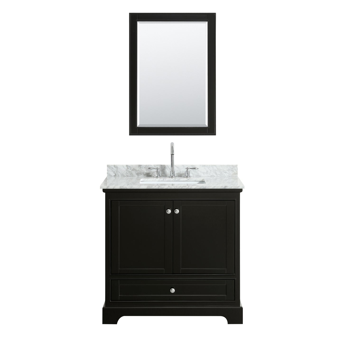 36 Inch Single Bathroom Vanity, White Carrara Marble Countertop, Undermount Square Sink, and 24 Inch Mirror - Luxe Bathroom Vanities Luxury Bathroom Fixtures Bathroom Furniture